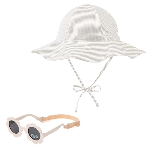 Zando UPF 50+ Baby Sun Hat Toddler with Sunglasses Adjustable Baby Bucket Hat Beach Hat for Baby Boys Girls Hats Outdoor Infant Sun Hats for Newborns Toddlers 0-6 Months Beige