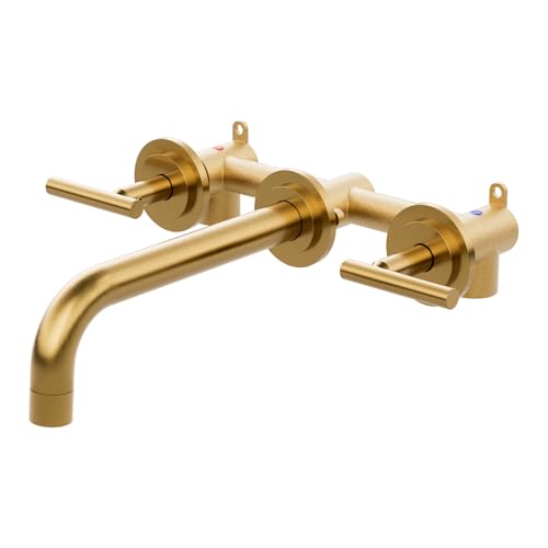 Wall Mount Bathroom Faucet - WOWOW Brushed Gold Bathroom Sink Faucet - 2 Handle Wall Mount Vessel Sink Faucet 3 Holes Elegant Classic Spout Rough in Brass Valve Included