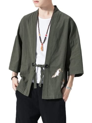 Image of Men's Japanese Kimono Cardigan Loose Cotton Linen 3 /4 Sleeve Open Front Casual Summer Shirt Jackets
