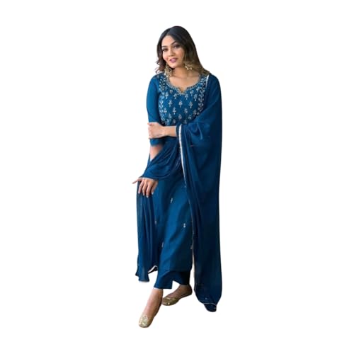 Image of Shiv Textiles Women's Viscose Rayon Embroidered Kurta Pant Dupatta Set(JDA-KAYRA-RAMA-M)