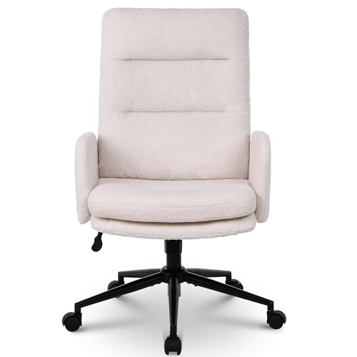 Flysky Office Chair for Home, Teddy Fleece Desk Chair, Computer Chair with Adjustable Height, Comfy Chair for Home Study and Bedroom, Beige