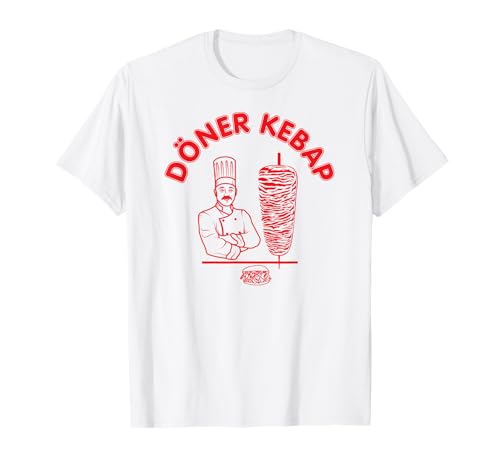 Questa t-shirt Doner Kebab alla moda e alla moda è perfetta per tutti gli appassionati della cucina turca. Servire kebab con riso, patatine e insalata, nel pane pita Pide, come Durum o Yufka. Cool bavaglio divertente camicia. Camicia Kebab. Logo con uomo con spiedo e panino doner. Maglietta Döner