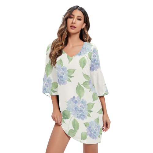 Robe d'été courte mousseline fluide imprimé floral hortensia bleu femme