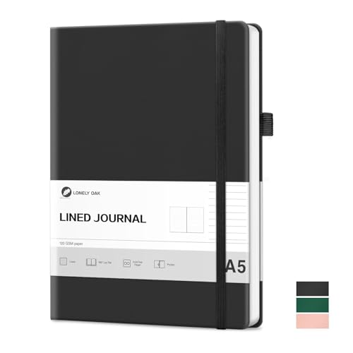 Lonely Oak Cuaderno de Diario de Rayas para Escribir - Diario de Viajes A5 con Papel Sin Ácido de 120 GSM - Portada Rígida de Cuero y Bolsillo Interno - 21,3 cm x 14,6 cm(Negro)