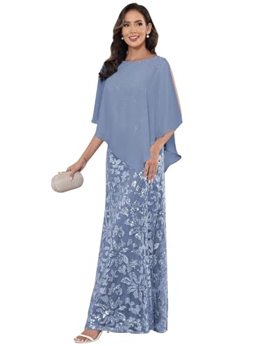 2 Pieces Chiffon Mother of Bride Dresses Lace Sequin Half Sleeve Long Wedding Guest Dress3