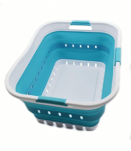 Image of SAMMART 42L (11 gallon) Collapsible Plastic Laundry Basket - Foldable Pop Up Storage Container /Organizer - Portable Basket - Space Saving Hamper /Basket (2, White /Bright Blue)