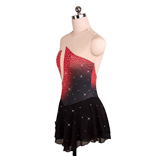 kzytamz Vestido de patinação artística vermelho preto strass saia de patinação no gelo sem mangas pa
