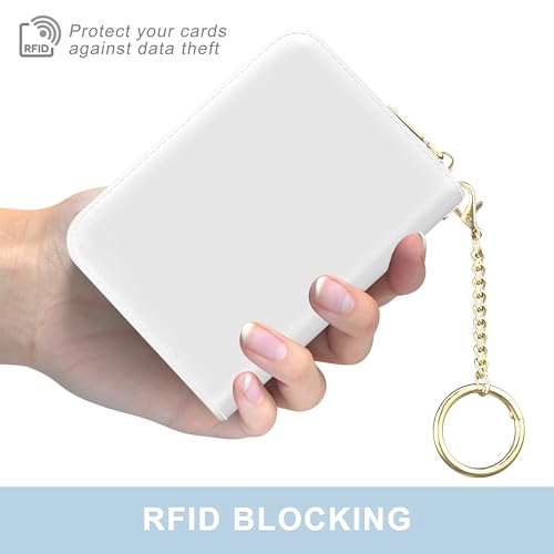 Image of Aiawoxc Credit Card Holder, Small RFID Wallet Slim Leather Card Organizer Case with Zipper and Wristlet Strap, White