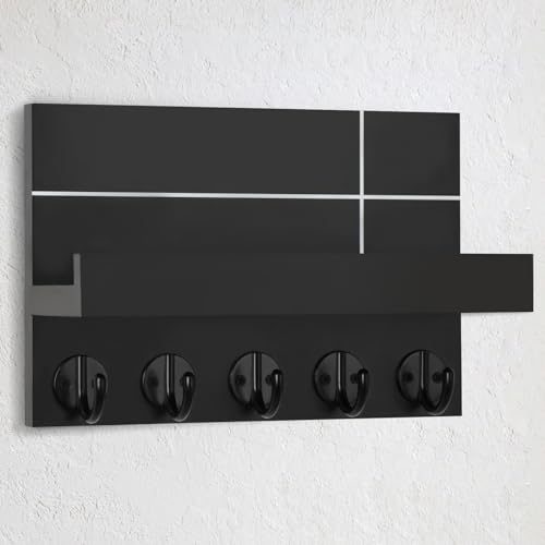 Wall Mounted Key Holder - 9.8" x 6.7" x 4.2" Decorative Wall Shelf with Hooks Holds Key Rings, Dog Leash, Wallet, Purse - Real Paulownia Wood Entryway Shelf for Rustic Farmhouse Decor (Black) - Image 3