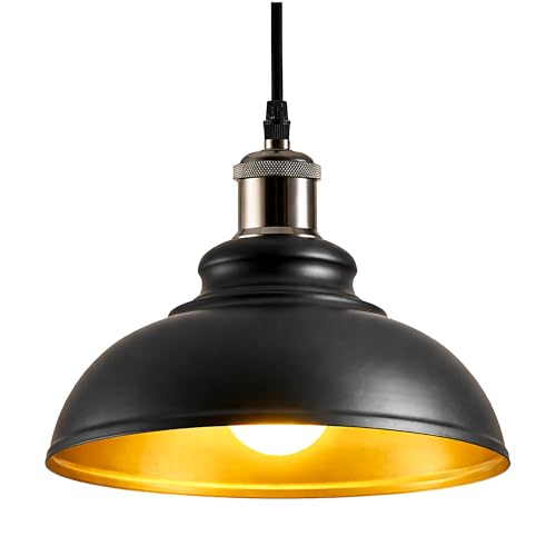 iTrend Metal Ceiling Lamp Shade - Easy Fit Light Pendant - Modern Ceiling Lighting Shade for Bedroom, Hallway, Office, Café, Restaurant - Industrial Light Shade Ceiling Pendant (Black/Inner Gold)