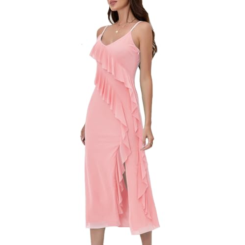 Image of Women's Spaghetti Strap Ruffle Side Split Long Dress Bodycon Beach Maxi Dresses