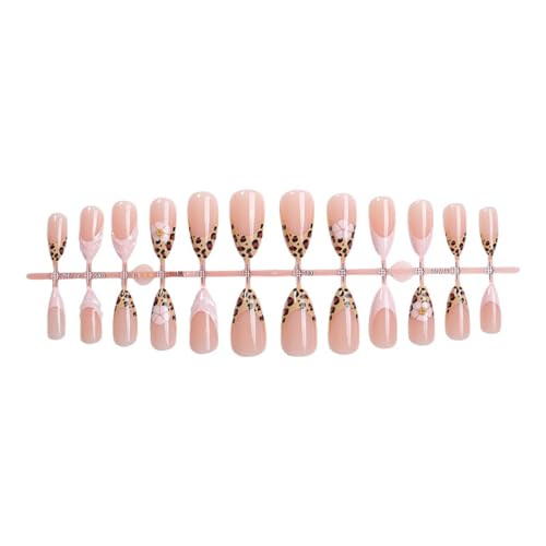 Image of French Tip Press on Nails Leopard Print Fake Nails Pink False Nail With 3D Stripe Design Flower Glue on Nails Glossy Acrylic Full Cover Medium Almond Stick on Nail for Women 24Pcs