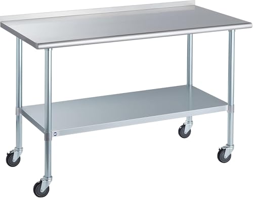 Image of Stainless Steel Table for Prep & Work with Caster & Backsplash 30x60 Inches, NSF Metal Commercial Kitchen Heavy Duty Table with Adjustable Under Shelf and Table Foot for Restaurant, Home and Hotel