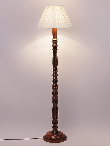 Image of Straight Pleated Off-White Cotton Floor Lamp with Wooden Base - Height 54 Inches | Elegant Standing Lamp for Living Room, Bedroom & Office | Stylish Home Lighting Decor