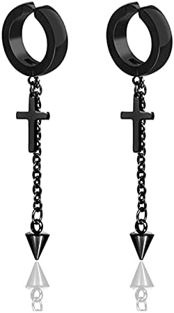Fusamk Punk Rock Stainless Steel Cross Ear Clip Earrings Long Chain Drop Dangle Earrings