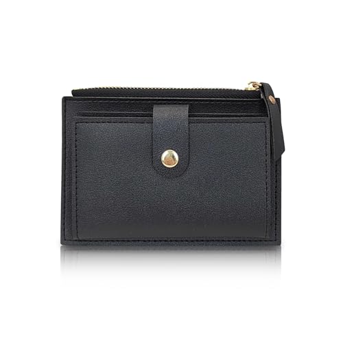 Womens Wallet, Leather Slim Small Wallets Woman Minimalist Cute Zipper Coin Purse Credit Card Holder, Multi-Card Slot Compact Card Wallet Change Pouch for Coin Cash Card (Black)