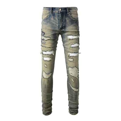 Jeans Pants Trousers Denim Men Street Trendy Stretch Slim Fit Personalized Snake Pattern Embroidered Broken Hole Nostalgic Retro Casual Small Foot(Grayish Blue,33)