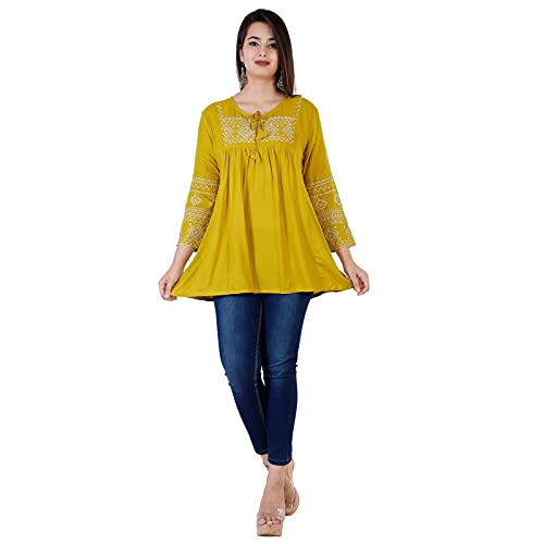 Image of Women�s Stylish Fashionable Rayon Embroidery top Size Casual || Party || Beach || Formal || Meeting || Office wear || Party || Evening || College (Mustard, M)