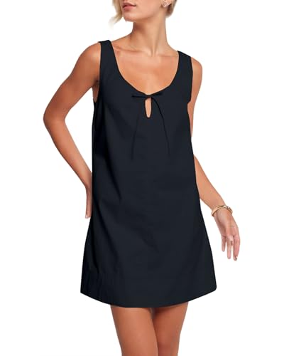 Image of OLAPTA Women Sleeveless Summer Mini Tank Dress Tie Up Loose Fit Sundress Scoop Neck Casual Trendy Short Dresses with Pockets
