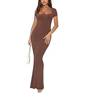 REORIA Womens Summer Square Neck Short Sleeve Long Dress Formal Wedding Guest Elegant Ribbed Body...