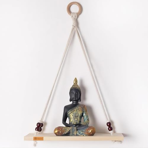 Image of Boho Wooden Hanging Shelf with Beads & Macrame Rope, Adhesive Wall Hook| Rustic Swing Wall Art for Plants, Living Room, Bedroom | Pine Wood, Handcrafted