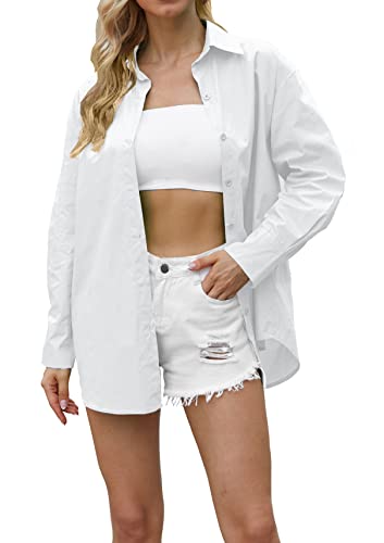 Chemises surdimensionnées boutonnées pour femme - Style décontracté à manches longues - Col en V - Couleur bonbon, blanc, Taille S Cover