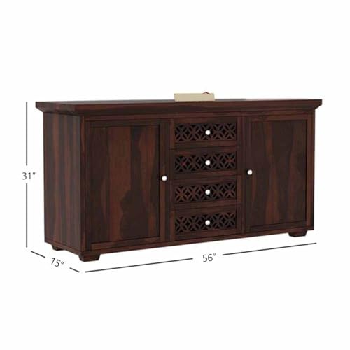 Image of SHIKHA WOOD CRAFT Solid Sheesham Wood Sideboard Cabinet with 4 Drawers and 2 Doors Storage | Wooden Multipurpose Cabinet Storage Furniture for Living Room, Bedroom, Home, and Kitchen (Walnut Finish)