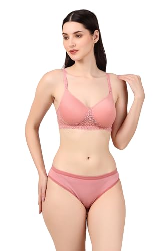 Image of ESAKI Women's Cotton Lace Lingerie Set | Padded Wire-Free Comfort Bra & Panty Combo | Everyday Essentials in Nude