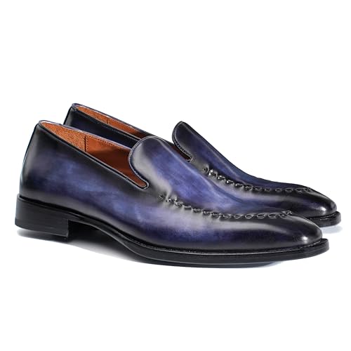 Men's Hand-Dyed Genuine Leather Slip-On Loafers with Full-Grain Leather Soles, Classic Square-Toe Casual Dress Shoes Blue