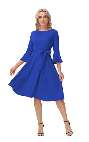 Image of Hostoyo Church Dress for Women Wedding Guest Cocktail Party Dresses Evening Prom Formal Modest Gowns Crew Neck Bell Sleeve