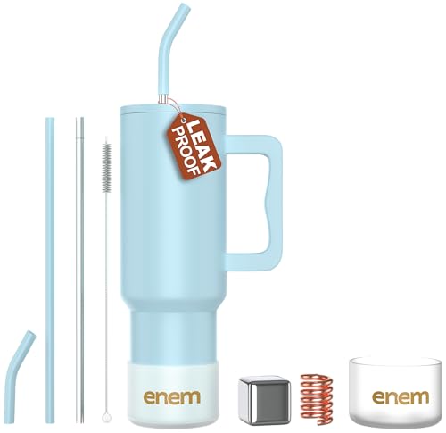 Image of enem Tumbler, Sky Chill, Tumbler with Metal Straw, Sipper, with Lid Leak Proof, 1 Metal Ice Cube, 1 Copper Spring (Tamba), Base Protector, Mug Travel, 1.2L