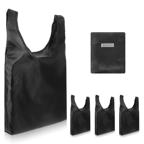 Ptwola 4 Pcs Large Reusable Bags Polyester Foldable Elastic Sturdy Grocery Bag Heavy Duty Kitchen Shopping Tote Pocket Lightweight Tiny Washable Durable Bag for Travel Daily Use（Black）