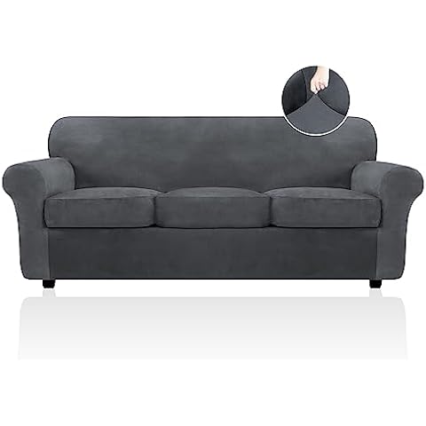 FestiCorp Velvet Sofa Cover, Couch Covers for 3 Cushion Slipcovers Sofas with Cushions, Stretch 4 Piece Thick Furniture Dogs Pets, Sofa, Grey Cover