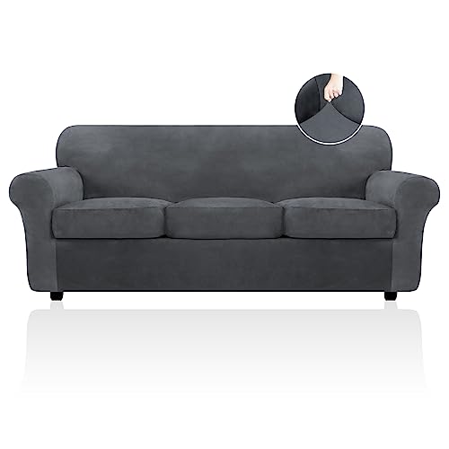 FestiCorp Velvet Sofa Cover, Couch Covers for 3 Cushion Slipcovers Sofas with Cushions, Stretch 4 Piece Thick Furniture Dogs Pets, Sofa, Grey