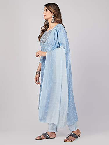 Image of Vbuyz Women's Printed & Embroidered Straight Cotton Stitched Kurta Pant with Dupatta