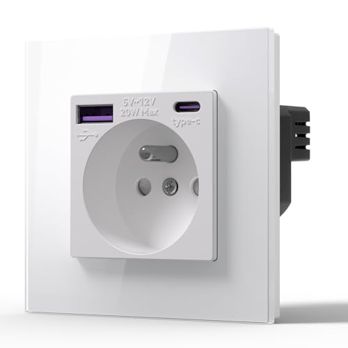 BSEED Prise Murale avec 20W USB C,Chargeur Rapide Multiprises,16A Prise avec Cristal,Prise de courant à Encastrer,1 Prise,86mm Blanc