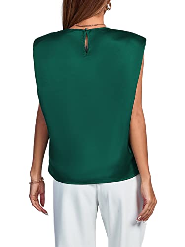 Lyaner Women's Elegant Satin Shoulder Pad Sleeveless Crew Neck Blouse Tank Top Dark Green Medium #TOP1