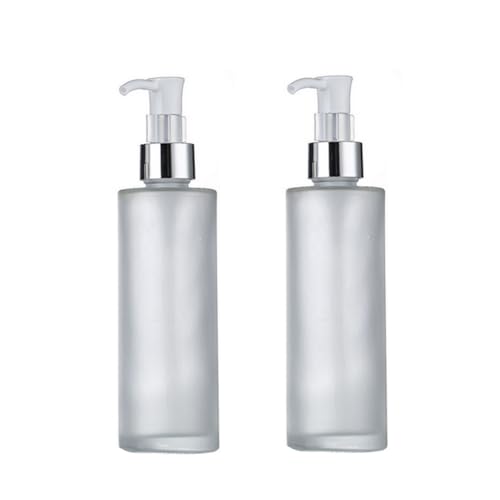 2PCS 120ml/4oz Empty Frosted Glass Lotion Pump Press Bottles Soap Dispensers Refillable Cosmetic Makeup Essence Essential Oil Sample Packing Containers Storage Jars Vials (Silver Head)