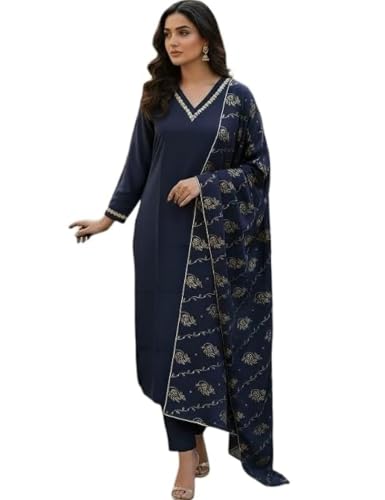 Image of Women's Blue Color Polyester Kurta Set with Pant & Dupatta | 3-Piece Suit