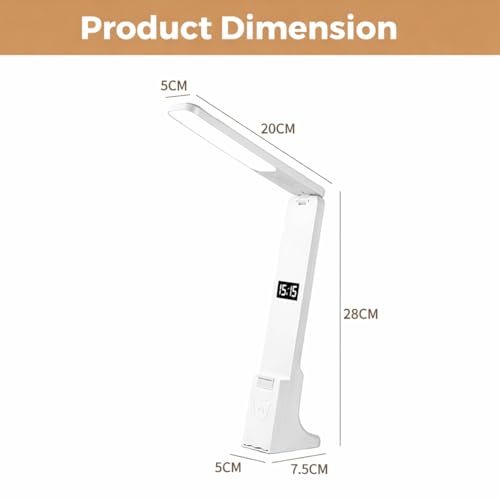 Image of One94Store SmartLite Portable Desk Lamp - White Color Rechargeable LED Table Lamp with 1200mAh Battery, Built-in Digital Clock, Touch Control Brightness, Lamp (White)
