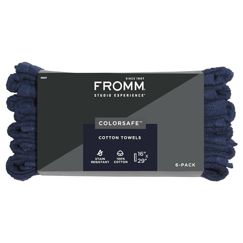 Fromm ColorSafe 100% Cotton Bleach Proof Salon Hair Towels for Hairstylists, Barbers, Spa, Gym in Navy, 16" by 29", 6 Count Absorbent Stain Resistant Towels for Drying Curly, Long, Wavy Hair