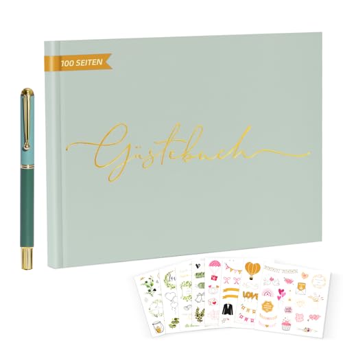 Omtofo Libro de Visitas de Boda 100 Páginas en Blanco, Tapa Dura Libro Firmas Boda con Pegatinas y Rotulador Metálico, Libro de Invitados de Boda Personalizado para Bodas, Aniversarios (Verde)
