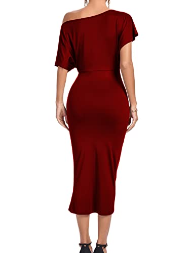 LYANER Women's One Off The Shoulder Ruched Wrap Front Split Hem Draped Party Midi Dress2