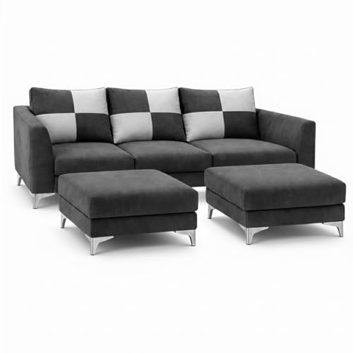 Image of Romeo 5 Seater L Shape Sofa Set with 2 Movable Ottomans | Flexible Layout | Rich Velvet Suede Fabric | Silver Legs | Modern Sofa for Living Room (Dark Grey)