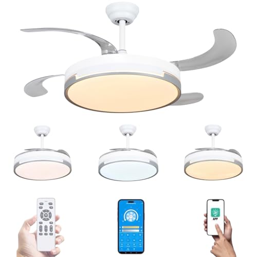 Ventilador de techo con luz LED 36W Blanco en 3 Temperaturas de Luz con Mando a Distancia -Motor DC Eficiente y Silencioso, 3 tonalidades, aspas desplegables retráctiles, 6 velocidades (F9900)