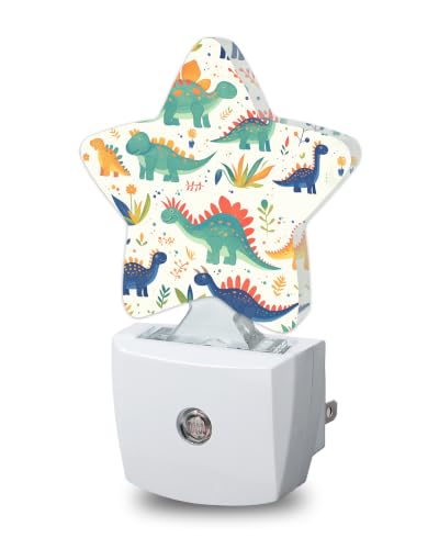 Image of Cute Dinosaur Star Night Light Plug in, Decorative Night Light for Kids Room Nursery Bedroom, Soft Glow Sensor Lamp for Hallway Bathroom, Compact Energy Saving