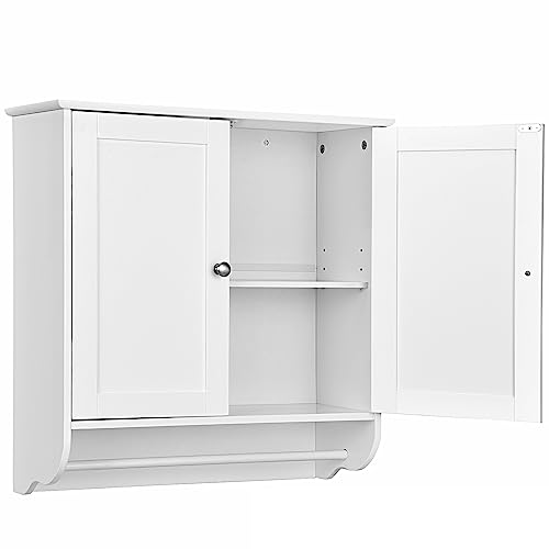 Multigot Wall Mounted Cabinet, Bathroom Storage Cupboard with Double Doors, Towel Bar & Adjustable Shelf, Wooden Hanging Organizer Unit for Bedroom Kitchen Living Room