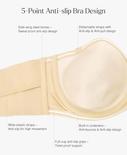 Image of Popilush Strapless Bras for Women Bandeau Unlined Bra No Padding Underwire
