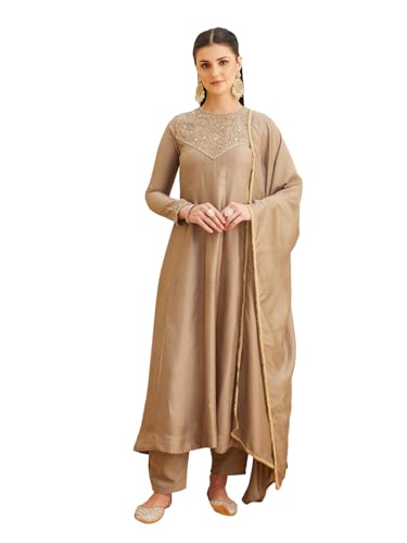 Image of MOKOSH Women's Silk Hand Work Anarkali Kurta Pant with Dupatta | Anarkali Kurta Pant | Embroidered | Round Neck Full Sleeve | 3 Piece Outfit | Ethnic Wear