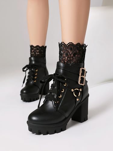 Image of BEAUPAS Women's Gothic Combat Boots Lace Up Platform Ankle Boots with Buckles Chunky High Heel